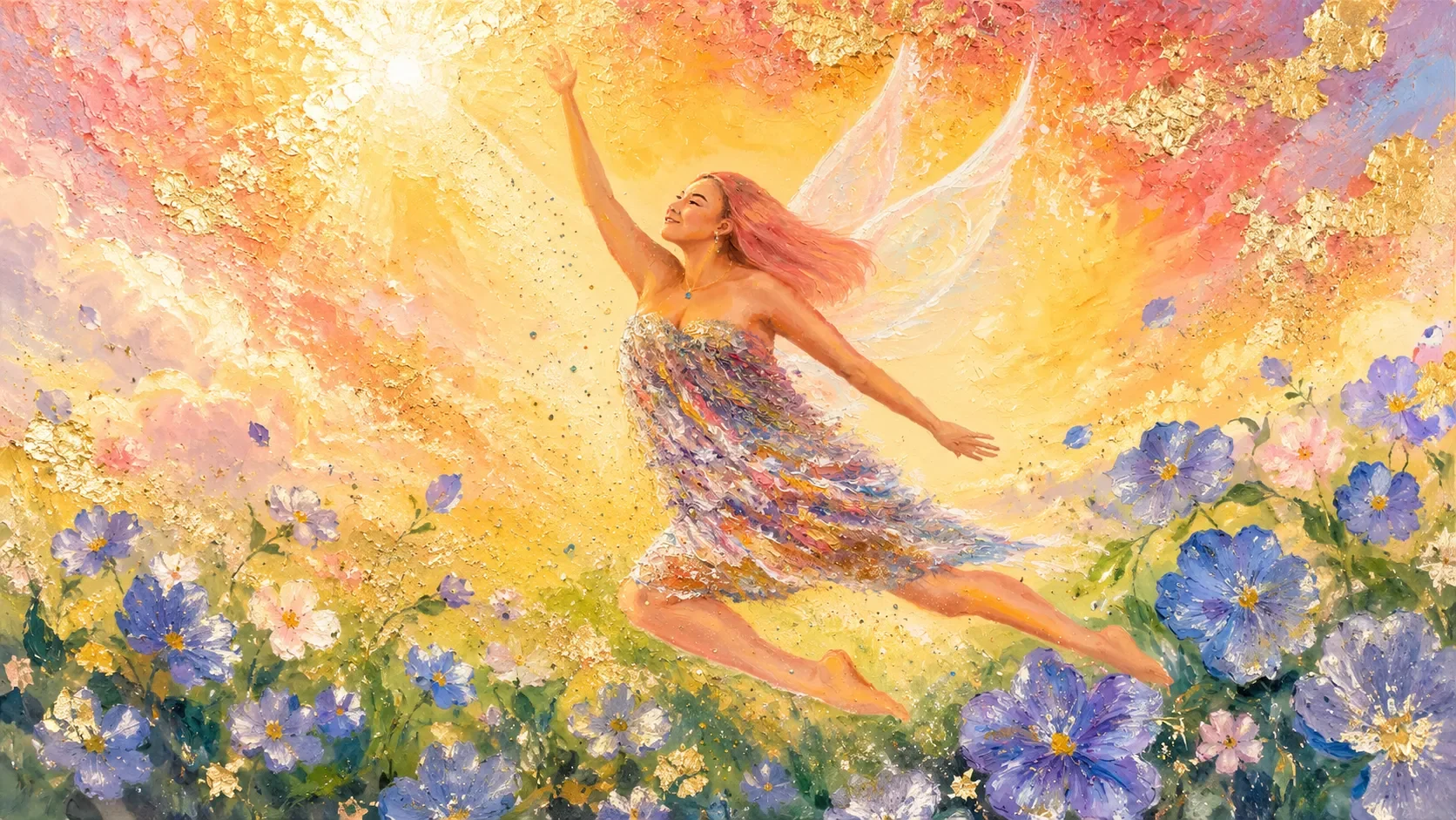 光に満ちた空へ、花畑から両腕を広げて舞い上がる女性を描いた絵画