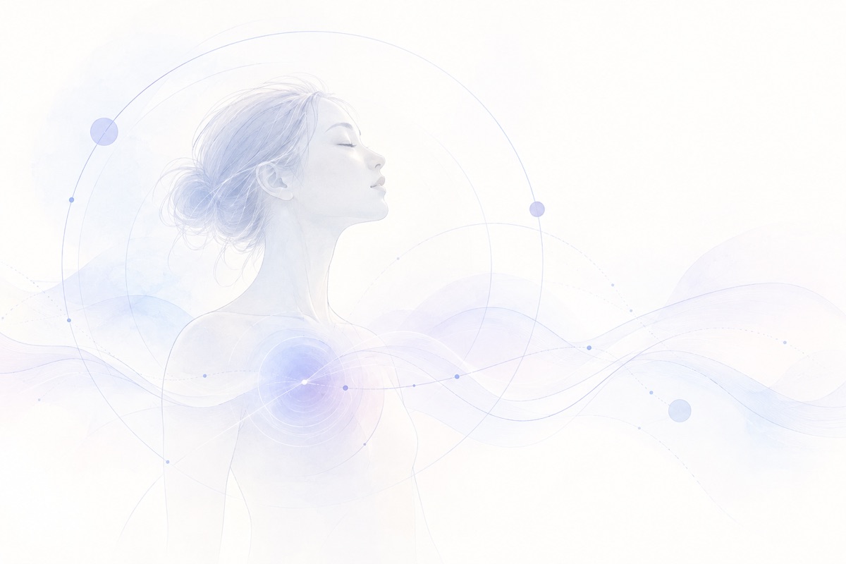 目を閉じ、内側の感覚に耳を澄ませる女性のイラスト